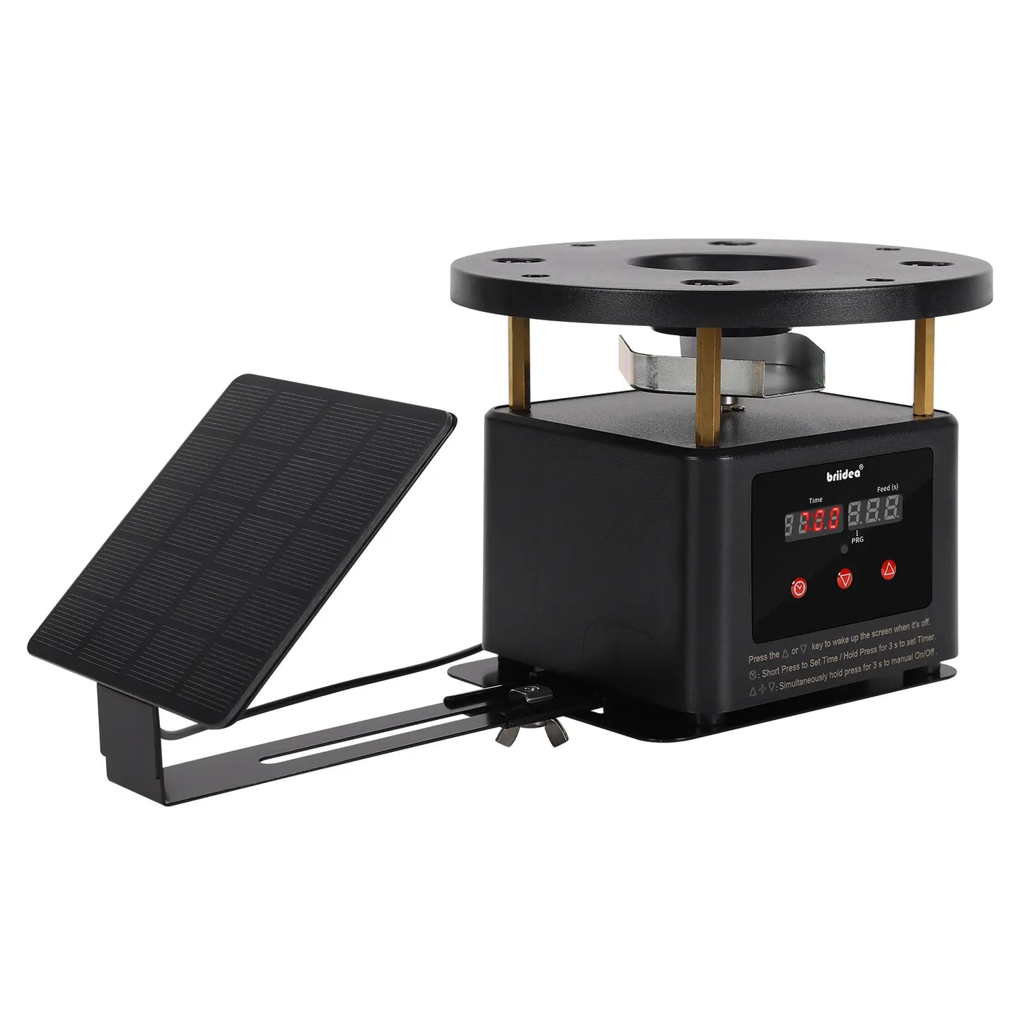 Briidea Automatic Chicken Feeder Dispenser Timer Kit - Programmable Digital Front Display Timer, Galvanized Steel Spin Plate, Adjustable Stud Mounts, Solar/Battery Powered, 6 Feeding Times, 1-60 Sec, Ideal for Chickens