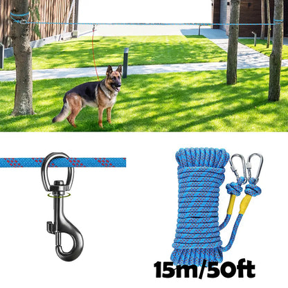 50Ft Dog Tie Out Cable for Camping, 50Ft Portable Trolley System for Small Medium Large Dogs up to 250Lbs, Lead for 2 Dogs, Dog Runner for Yard Camping Training Running Hiking Outdoor