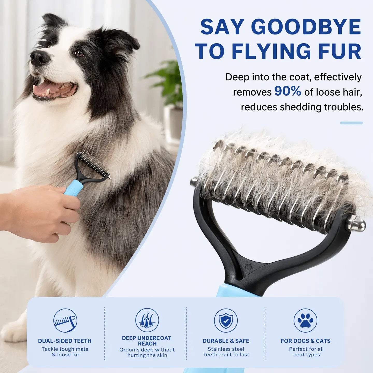 Double-Sided Pet Deshedding Brush - Undercoat Rake Comb for Dogs and Cats, Reduces Nasty Shedding and Flying Hair