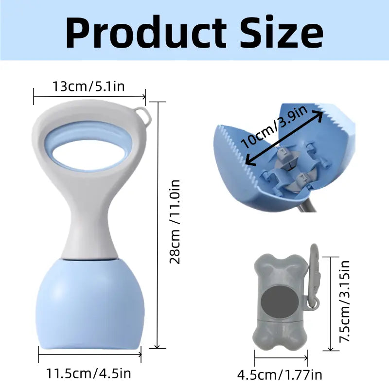 Portable Dog Poop Scooper with Large Opening, Easy One-Hand Scoop, Durable ABS Non-Stick Surface, Includes 15 Biodegradable Bags, Clip-On Design for Outdoor Walking and Travel