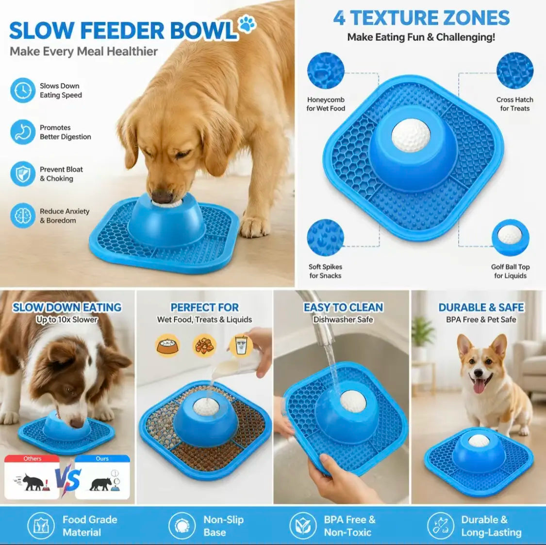 Slow Feeder Dog Bowls for Liquid Treat, Anti-Slip 【Entertained Ball-In】 Bone Broth Dog Lick Bowl, 3/4 Cup Yogurt Pup Lick Toy for Large Medium Small Breeds Dietary Supplement/Post-Op Nutrition Pet Stuff Dogaccessories