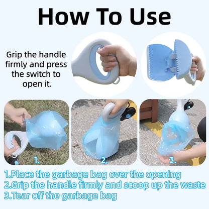 Portable Dog Poop Scooper with Large Opening, Easy One-Hand Scoop, Durable ABS Non-Stick Surface, Includes 15 Biodegradable Bags, Clip-On Design for Outdoor Walking and Travel