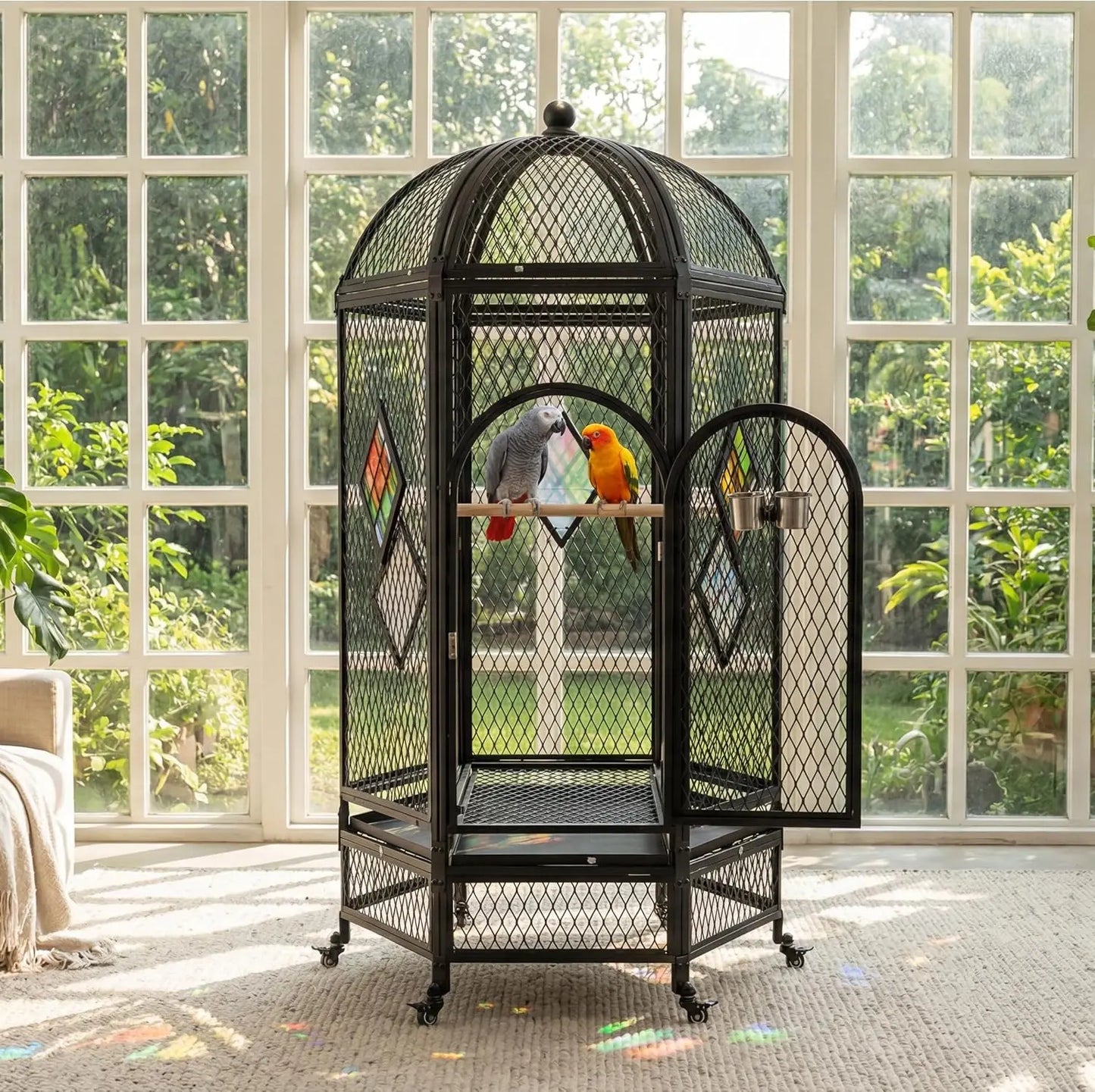69" Extra Large Bird Cage for Parrots, Heavy Duty Metal Aviary on Wheels with Rolling Stand & Slide-Out Trays for African Greys, Cockatoos, Conures, Macaws, Indoor Outdoor