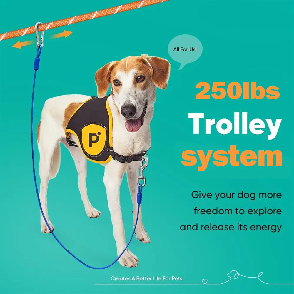 50Ft Dog Tie Out Cable for Camping, 50Ft Portable Trolley System for Small Medium Large Dogs up to 250Lbs, Lead for 2 Dogs, Dog Runner for Yard Camping Training Running Hiking Outdoor