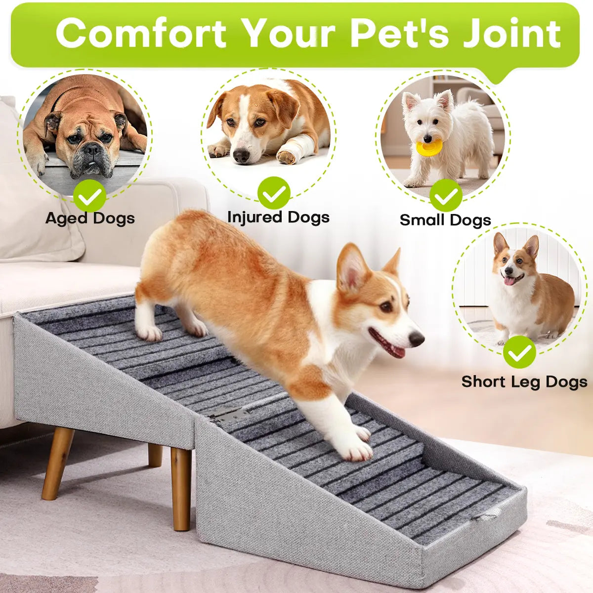 17.13" H Dog Stairs for Small Dogs, Escaleras Para Perros, 2-In-1 Pet Steps & Ottoman - Foldable Dog Stairs for Couch, Non-Slip Wooden Pet Stairs for Puppy Senior Injured Dogs