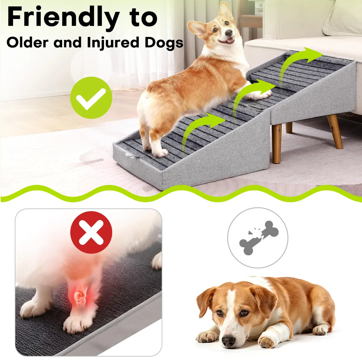 17.13" H Dog Stairs for Small Dogs, Escaleras Para Perros, 2-In-1 Pet Steps & Ottoman - Foldable Dog Stairs for Couch, Non-Slip Wooden Pet Stairs for Puppy Senior Injured Dogs