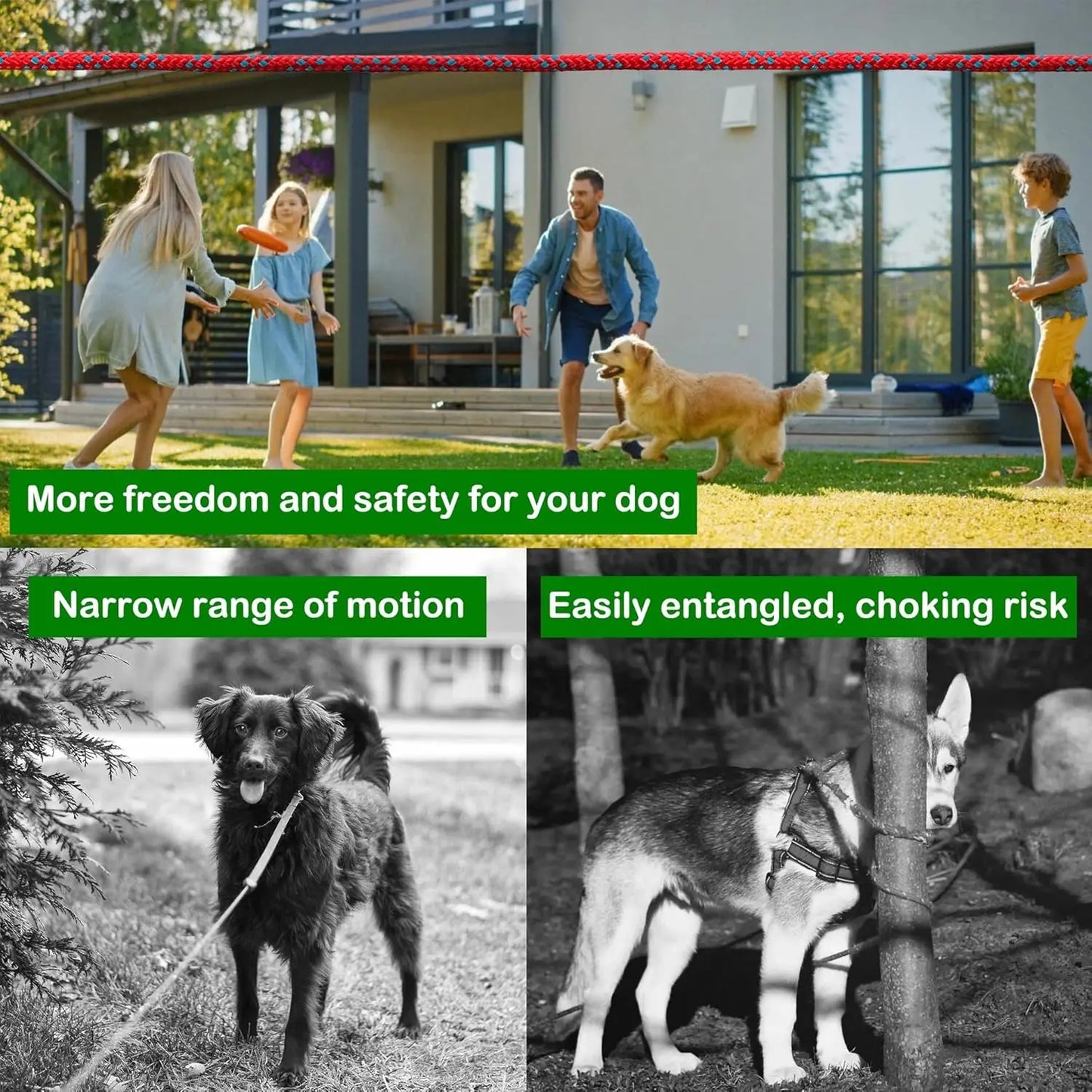 50Ft Dog Tie Out Cable for Camping, 50Ft Portable Trolley System for Small Medium Large Dogs up to 250Lbs, Lead for 2 Dogs, Dog Runner for Yard Camping Training Running Hiking Outdoor