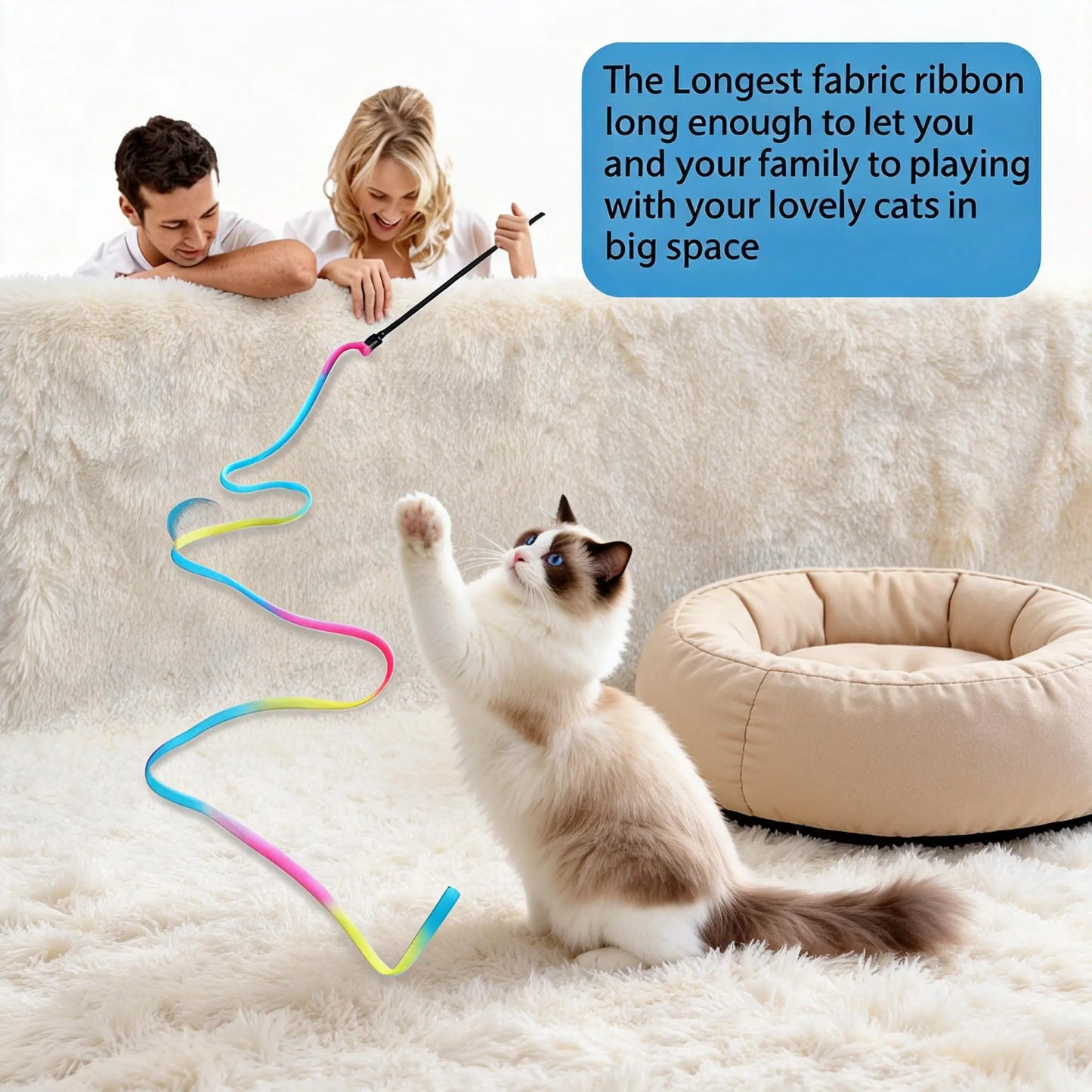 Interactive Cat Ribbon Wand Toy, Rainbow Cat Teaser String for Kittens, High-Elastic Wand with Soft Satin Fabric Charmer, Great Gift for Indoor Cats Exercise