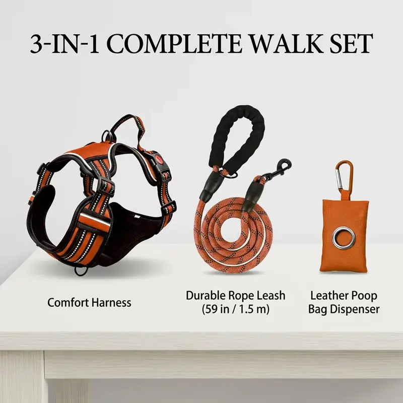 Dog Vest Harness & Leash Set for Medium Large Dogs - 3-Sec Quick Fit, Escape-Proof, Adjustable 3-In-1 Walking Kit with Padded Comfort Neck Plate Safe Plush Corduroy Pet Harness New