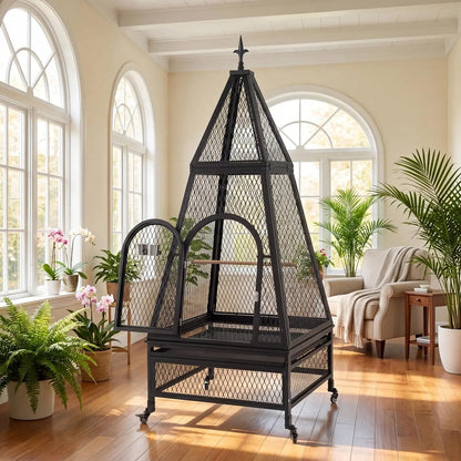 69" Extra Large Bird Cage for Parrots, Heavy Duty Metal Aviary on Wheels with Rolling Stand & Slide-Out Trays for African Greys, Cockatoos, Conures, Macaws, Indoor Outdoor