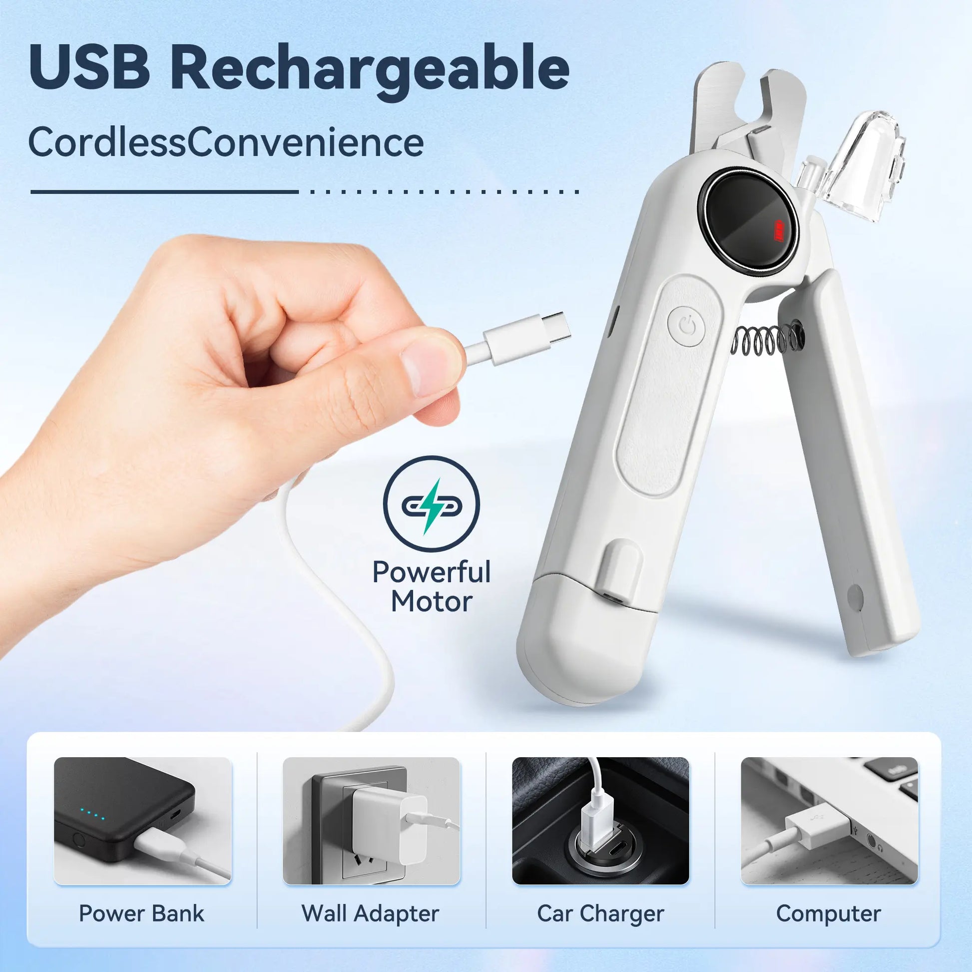 2-In-1 Dog Nail Clippers & Grinder with LED Light, Rechargeable Quiet Pet Nail Trimmer for Dogs & Cats, 3 Speeds, Safety Lock & Splash Guard, White