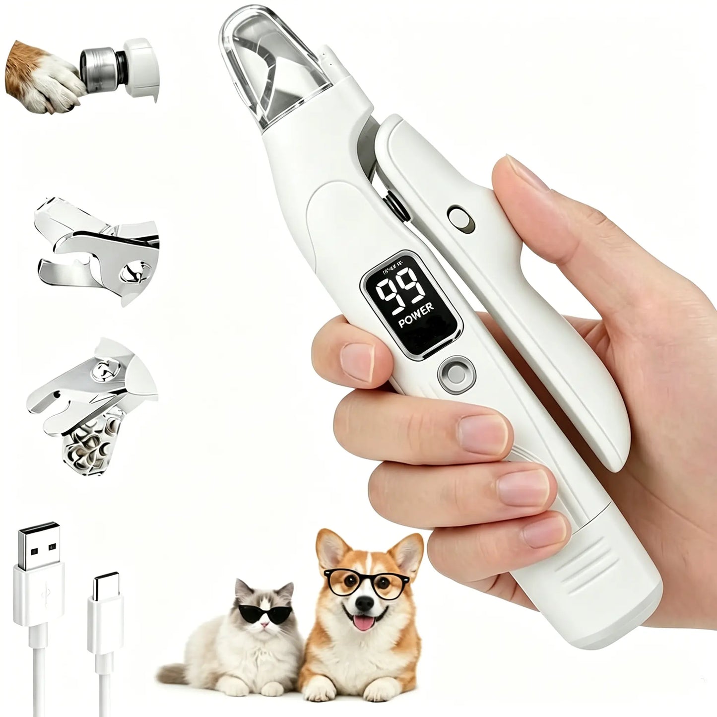2-In-1 Dog & Cat Nail Clipper and Grinder with LED Light, Low-Noise Electric Pet Nail Trimmer, Safety Lock & Nail Catcher, USB-C Rechargeable, 3 Grinding Ports for Cats & Small to Medium Dogs Tools Grooming