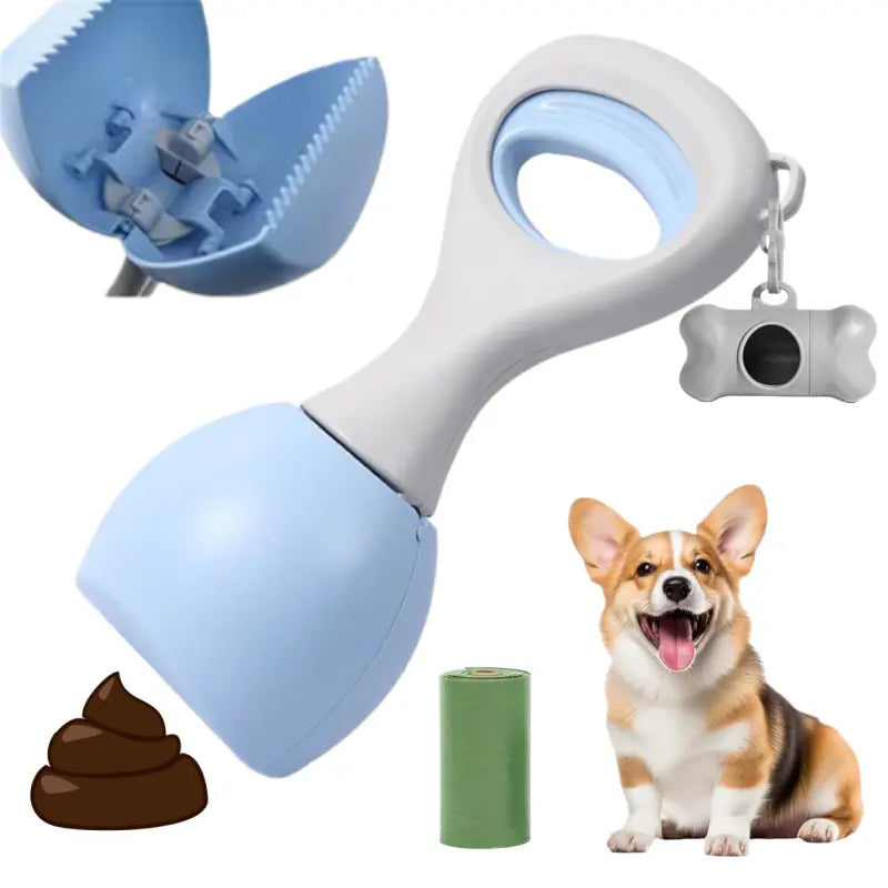 Portable Dog Poop Scooper with Large Opening, Easy One-Hand Scoop, Durable ABS Non-Stick Surface, Includes 15 Biodegradable Bags, Clip-On Design for Outdoor Walking and Travel