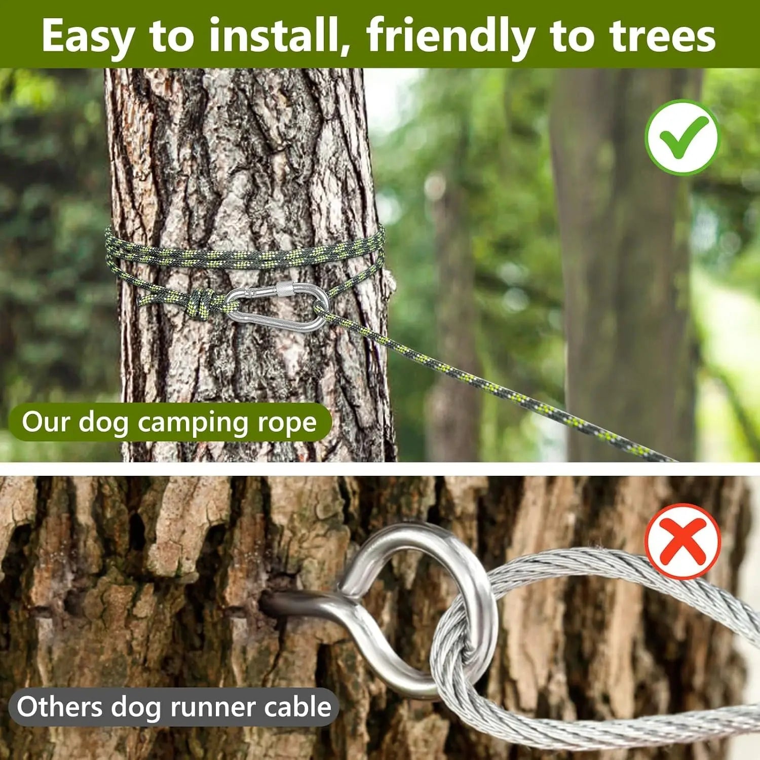 50Ft Dog Tie Out Cable for Camping, 50Ft Portable Trolley System for Small Medium Large Dogs up to 250Lbs, Lead for 2 Dogs, Dog Runner for Yard Camping Training Running Hiking Outdoor