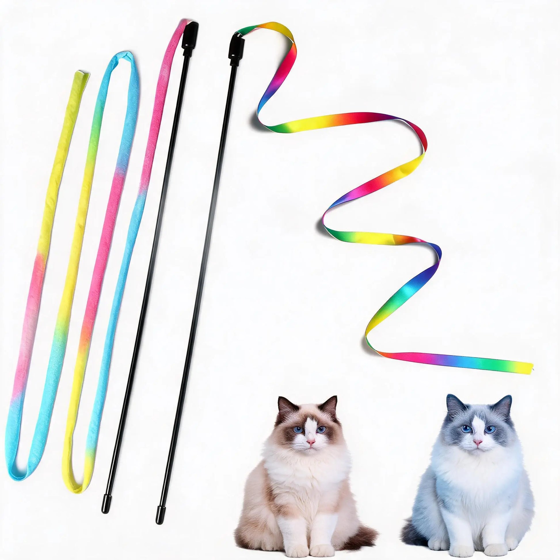 Interactive Cat Ribbon Wand Toy, Rainbow Cat Teaser String for Kittens, High-Elastic Wand with Soft Satin Fabric Charmer, Great Gift for Indoor Cats Exercise