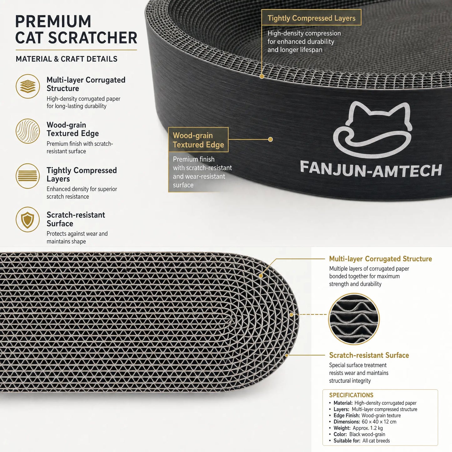 Modern Black Oval Cat Scratcher Lounge, Premium Hardened Cardboard Cat Bed, Elegant 2-In-1 Pet Scratching Pad & Nest for Contemporary Home Decor