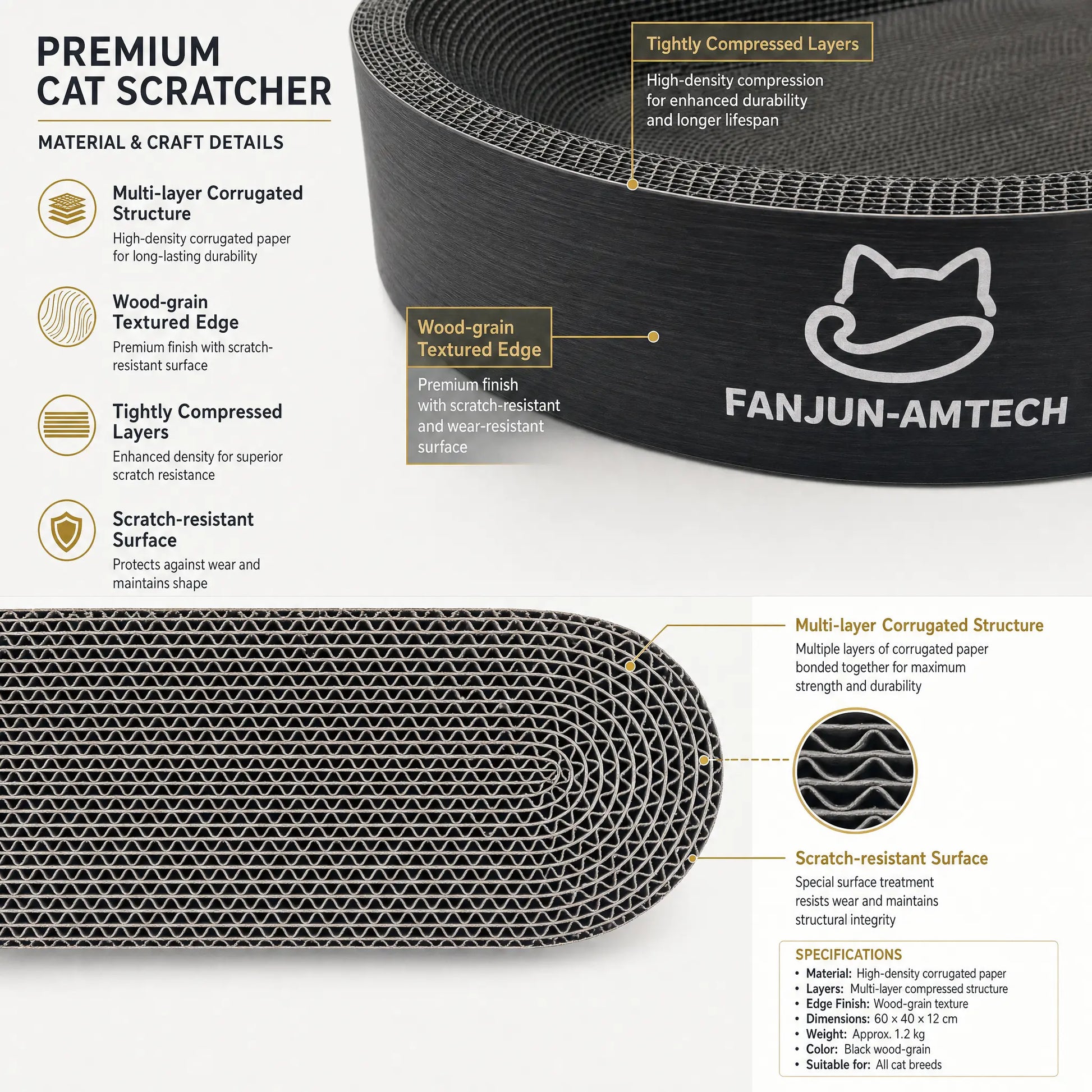 Modern Black Oval Cat Scratcher Lounge, Premium Hardened Cardboard Cat Bed, Elegant 2-In-1 Pet Scratching Pad & Nest for Contemporary Home Decor