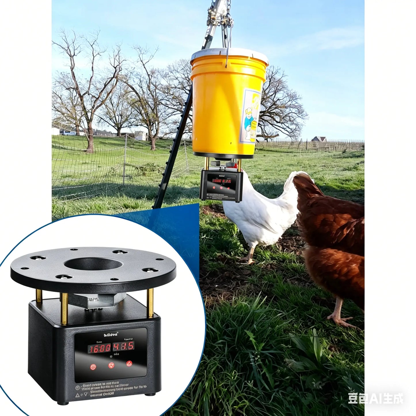Briidea Automatic Chicken Feeder Dispenser Timer Kit - Programmable Digital Front Display Timer, Galvanized Steel Spin Plate, Adjustable Stud Mounts, Solar/Battery Powered, 6 Feeding Times, 1-60 Sec, Ideal for Chickens