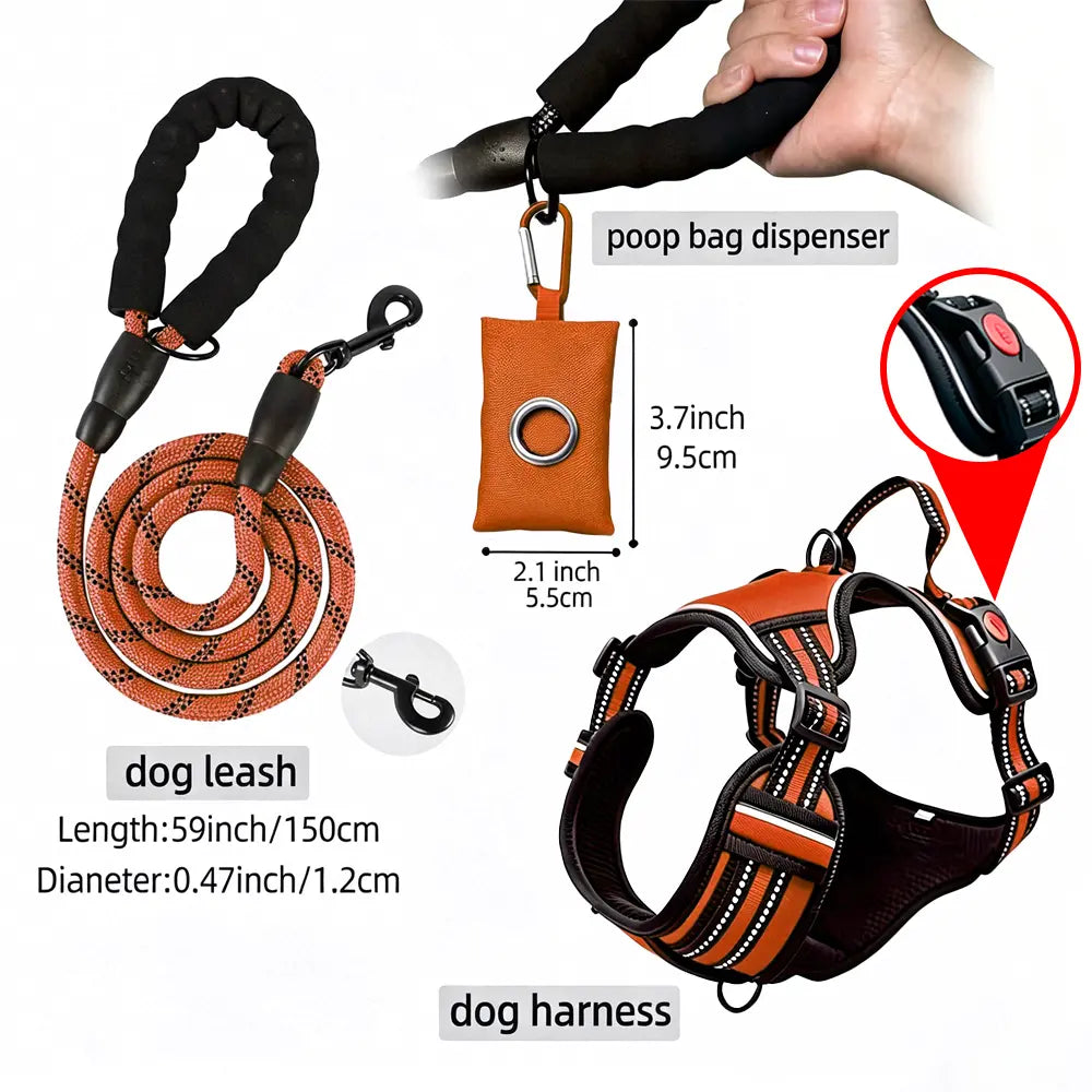 Dog Vest Harness & Leash Set for Medium Large Dogs - 3-Sec Quick Fit, Escape-Proof, Adjustable 3-In-1 Walking Kit with Padded Comfort Neck Plate Safe Plush Corduroy Pet Harness New