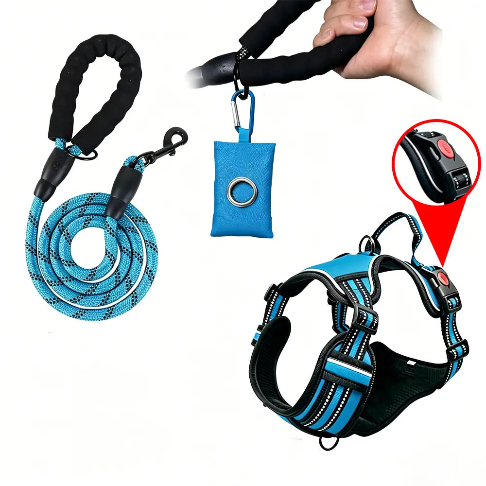 Dog Vest Harness & Leash Set for Medium Large Dogs - 3-Sec Quick Fit, Escape-Proof, Adjustable 3-In-1 Walking Kit with Padded Comfort Neck Plate Safe Plush Corduroy Pet Harness New
