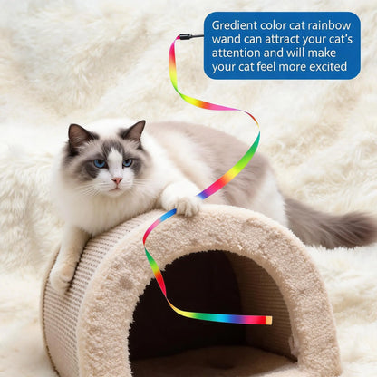 Interactive Cat Ribbon Wand Toy, Rainbow Cat Teaser String for Kittens, High-Elastic Wand with Soft Satin Fabric Charmer, Great Gift for Indoor Cats Exercise