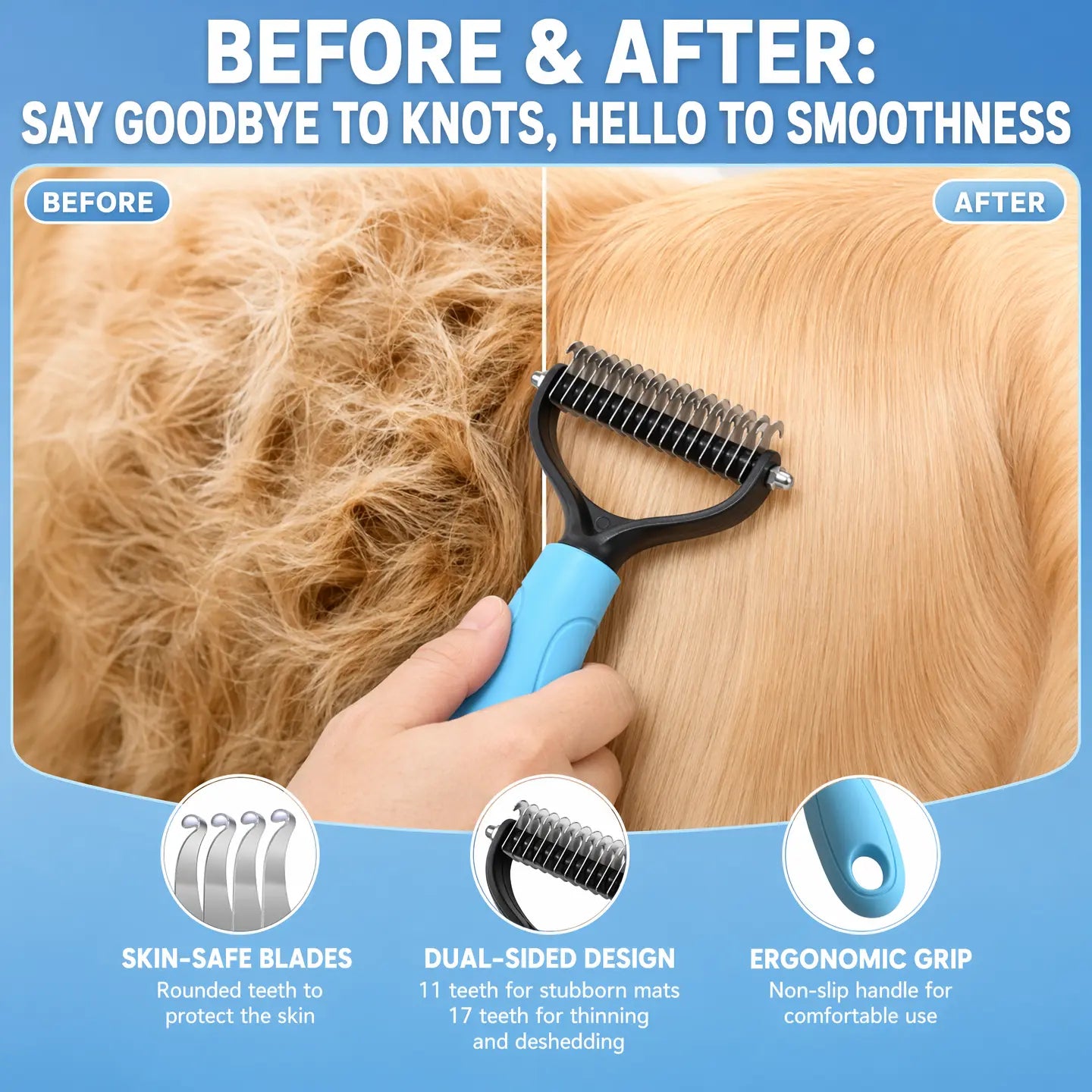 Double-Sided Pet Deshedding Brush - Undercoat Rake Comb for Dogs and Cats, Reduces Nasty Shedding and Flying Hair
