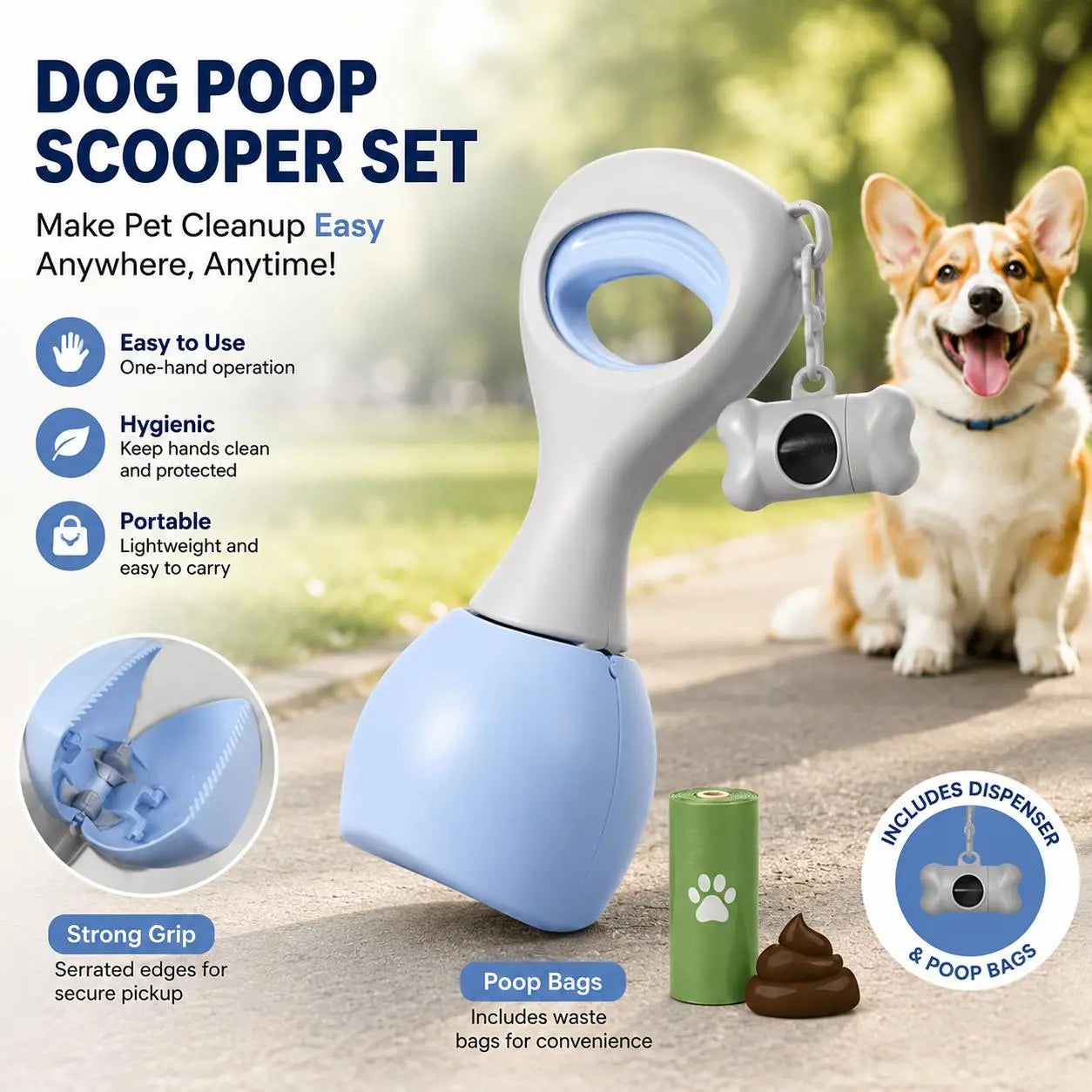 Portable Dog Poop Scooper with Large Opening, Easy One-Hand Scoop, Durable ABS Non-Stick Surface, Includes 15 Biodegradable Bags, Clip-On Design for Outdoor Walking and Travel