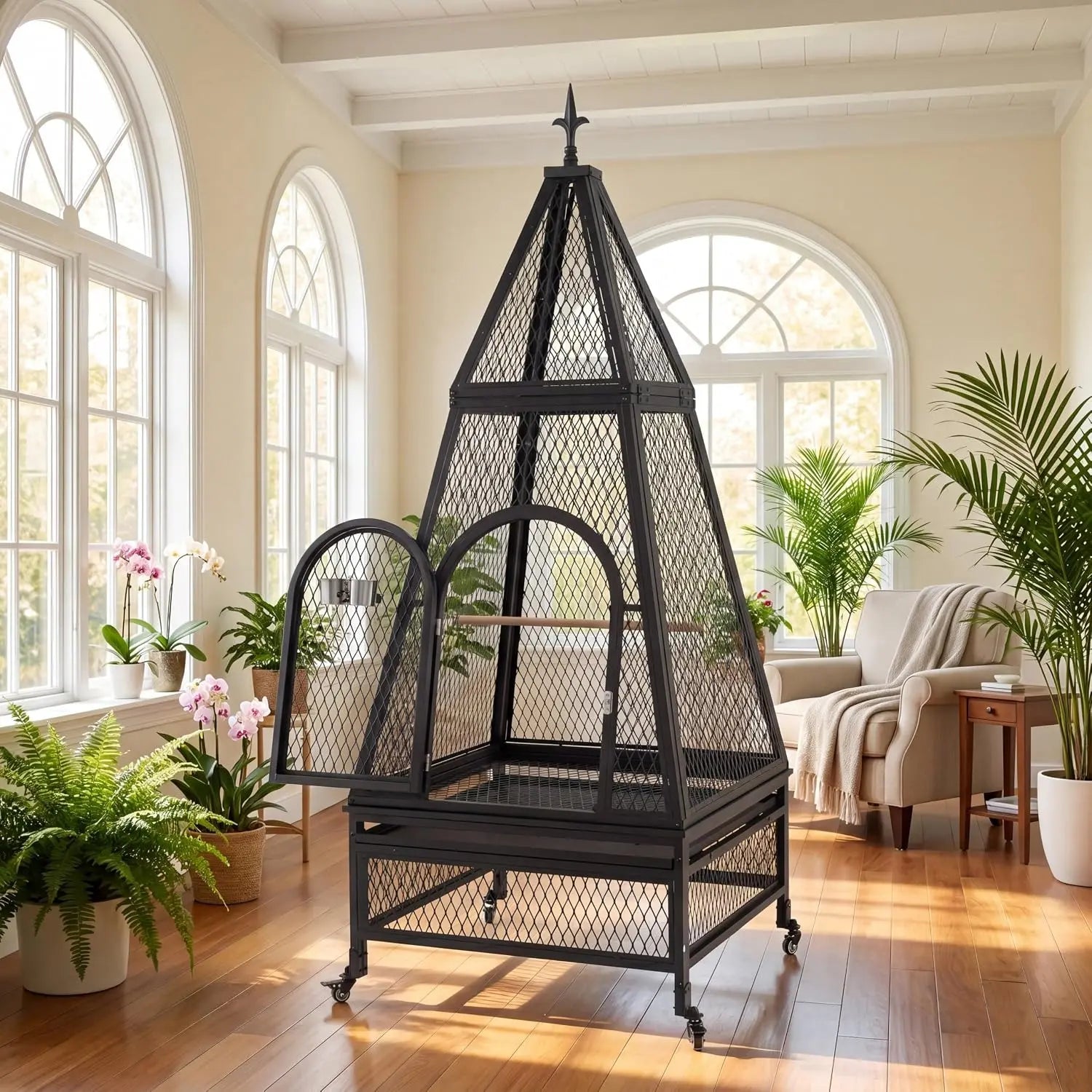 69" Extra Large Bird Cage for Parrots, Heavy Duty Metal Aviary on Wheels with Rolling Stand & Slide-Out Trays for African Greys, Cockatoos, Conures, Macaws, Indoor Outdoor