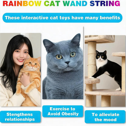 Interactive Cat Ribbon Wand Toy, Rainbow Cat Teaser String for Kittens, High-Elastic Wand with Soft Satin Fabric Charmer, Great Gift for Indoor Cats Exercise