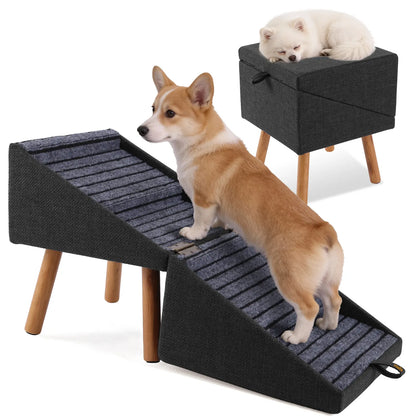 17.13" H Dog Stairs for Small Dogs, Escaleras Para Perros, 2-In-1 Pet Steps & Ottoman - Foldable Dog Stairs for Couch, Non-Slip Wooden Pet Stairs for Puppy Senior Injured Dogs