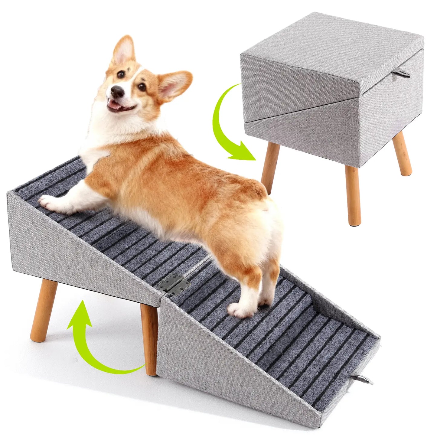 17.13" H Dog Stairs for Small Dogs, Escaleras Para Perros, 2-In-1 Pet Steps & Ottoman - Foldable Dog Stairs for Couch, Non-Slip Wooden Pet Stairs for Puppy Senior Injured Dogs