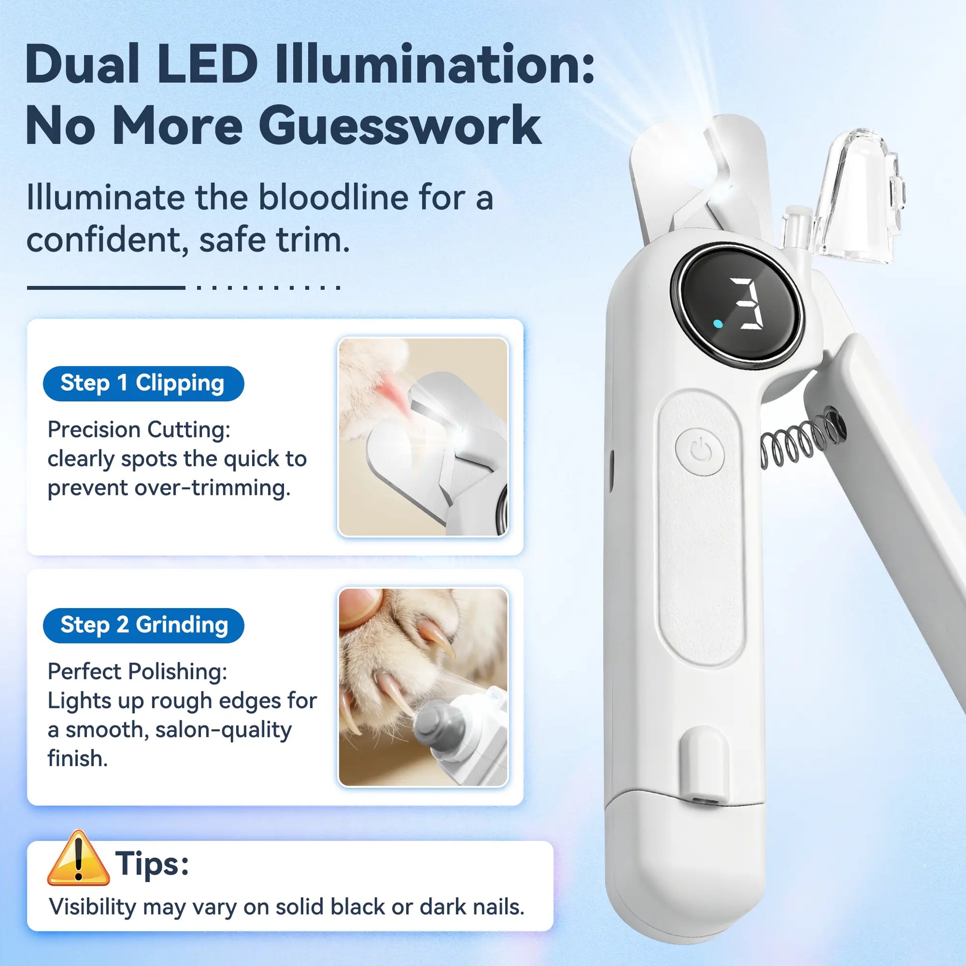 2-In-1 Dog Nail Clippers & Grinder with LED Light, Rechargeable Quiet Pet Nail Trimmer for Dogs & Cats, 3 Speeds, Safety Lock & Splash Guard, White