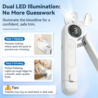 2-In-1 Dog Nail Clippers & Grinder with LED Light, Rechargeable Quiet Pet Nail Trimmer for Dogs & Cats, 3 Speeds, Safety Lock & Splash Guard, White