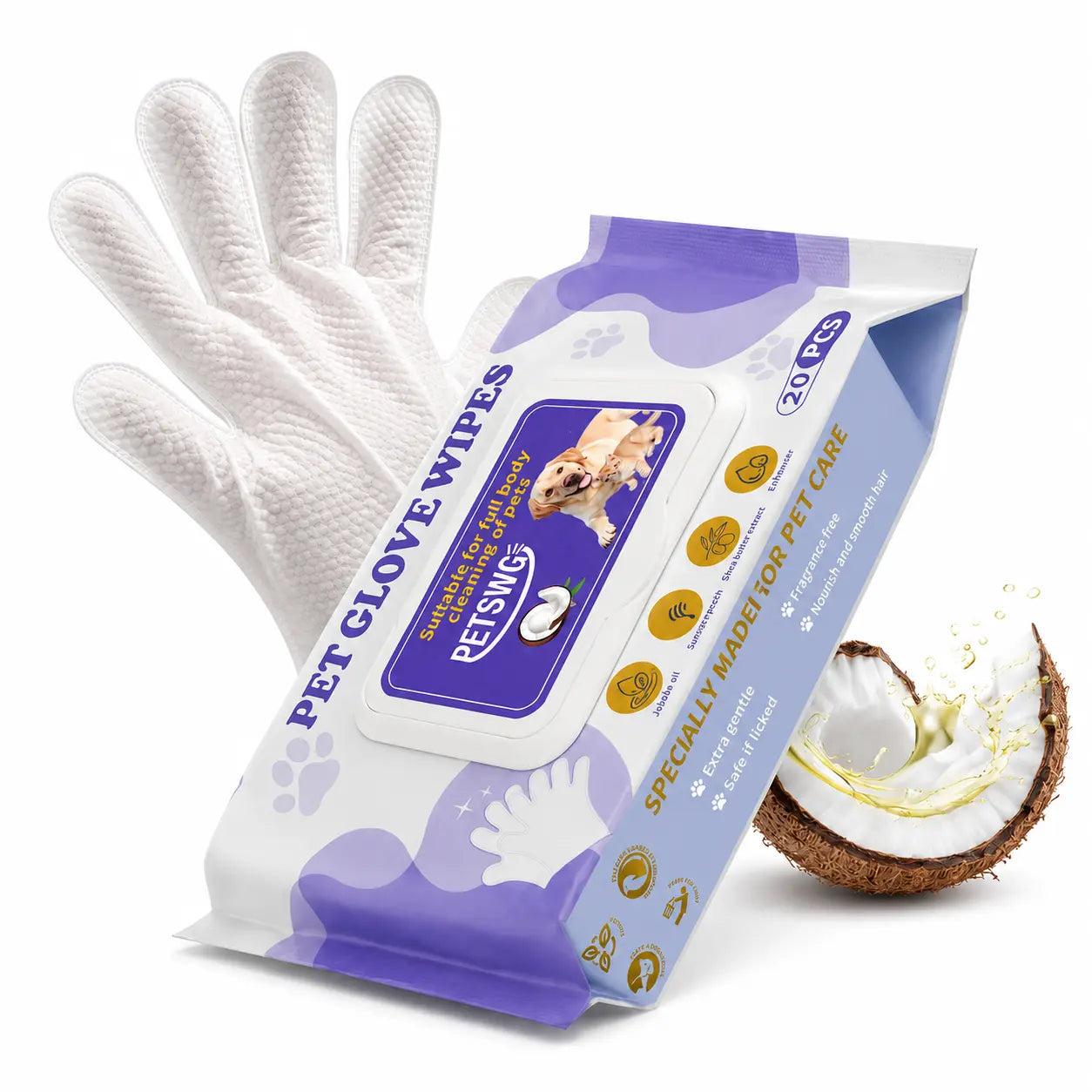 20Pcs Pet Cleaning Gloves Deodorant Bathing Wipes, Hypoallergenic Pet Cleaning Wipes Nourishing Hair Coconut Oil Dog Grooming Wipes, Puppy Bathing Gloves Wipes Cleaner