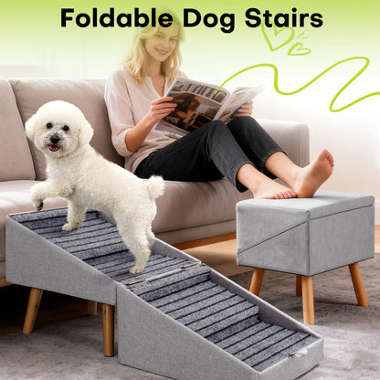 17.13" H Dog Stairs for Small Dogs, Escaleras Para Perros, 2-In-1 Pet Steps & Ottoman - Foldable Dog Stairs for Couch, Non-Slip Wooden Pet Stairs for Puppy Senior Injured Dogs
