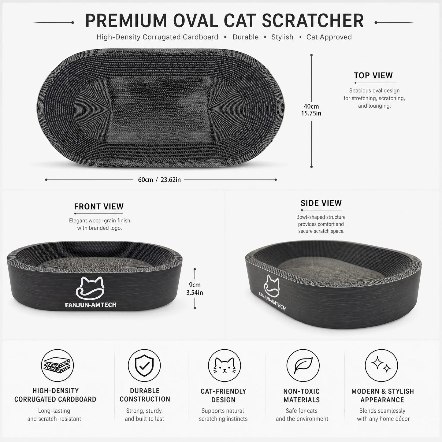 Modern Black Oval Cat Scratcher Lounge, Premium Hardened Cardboard Cat Bed, Elegant 2-In-1 Pet Scratching Pad & Nest for Contemporary Home Decor