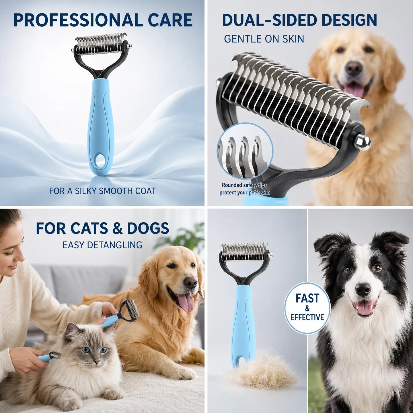 Double-Sided Pet Deshedding Brush - Undercoat Rake Comb for Dogs and Cats, Reduces Nasty Shedding and Flying Hair